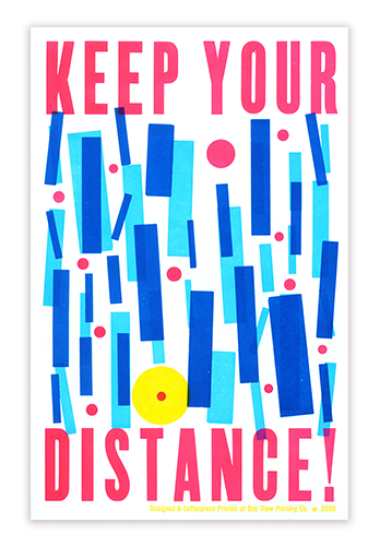 Ashley Town's Keep Your Distance Poster, depicting bright blue and pink blocks that are inentionally spaced and the words Keep Your Distance