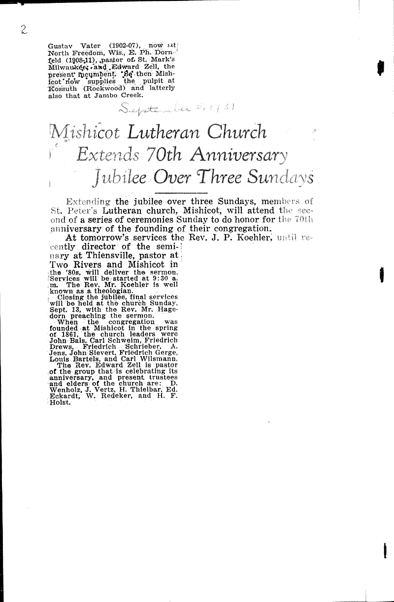  Source: Manitowoc Times Topics: Church History Date: 1931-09-04