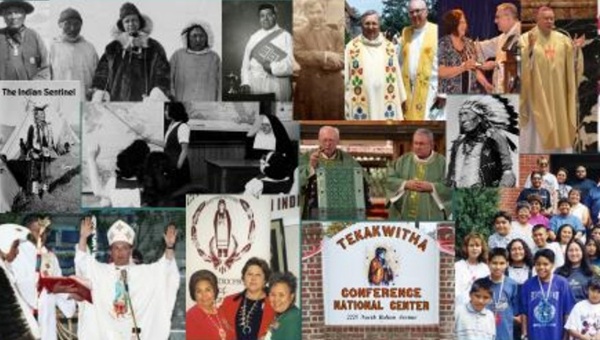 Collage of historic and modern photographs show Catholic figures interacting with Native Americans