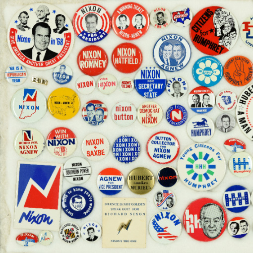 Framed assortment of political campaign buttons for Richard Nixon and running mate Spiro Agnew, and Hubert Humphrey and running mate Edmund Muskie. Several of the Humphrey buttons are playing off of his past as a pharmacist. One of the buttons for Nixon reads: "Button Collector for Nixon, Agnew."