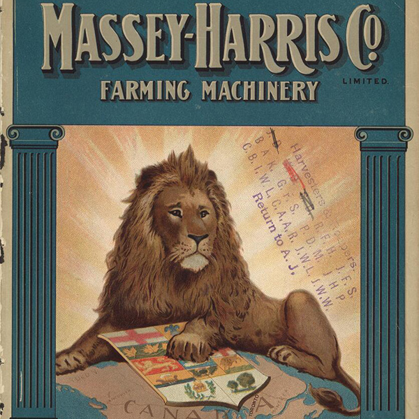 Cover of Massey Harris Company Catalog reads "Massey-Harris Co. farming machinery" above a lion laying on the globe