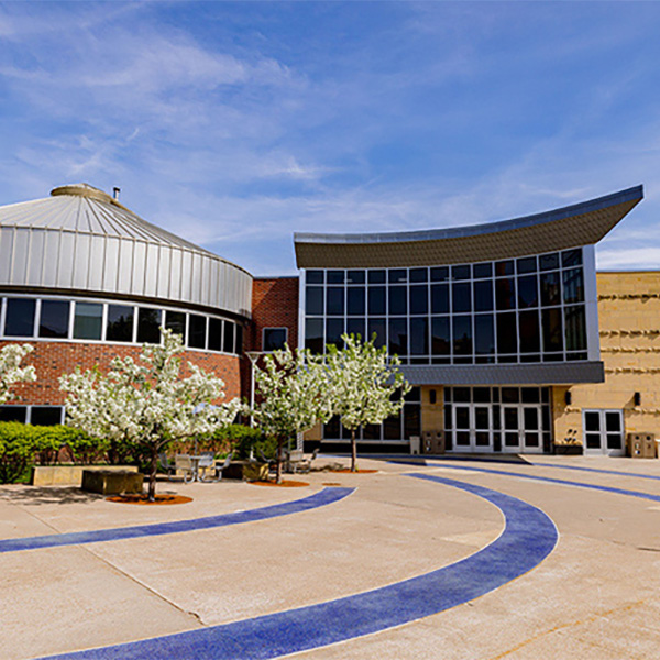 A curved path decorated with blooming trees leads to the Roberts Swanson Library building doors.