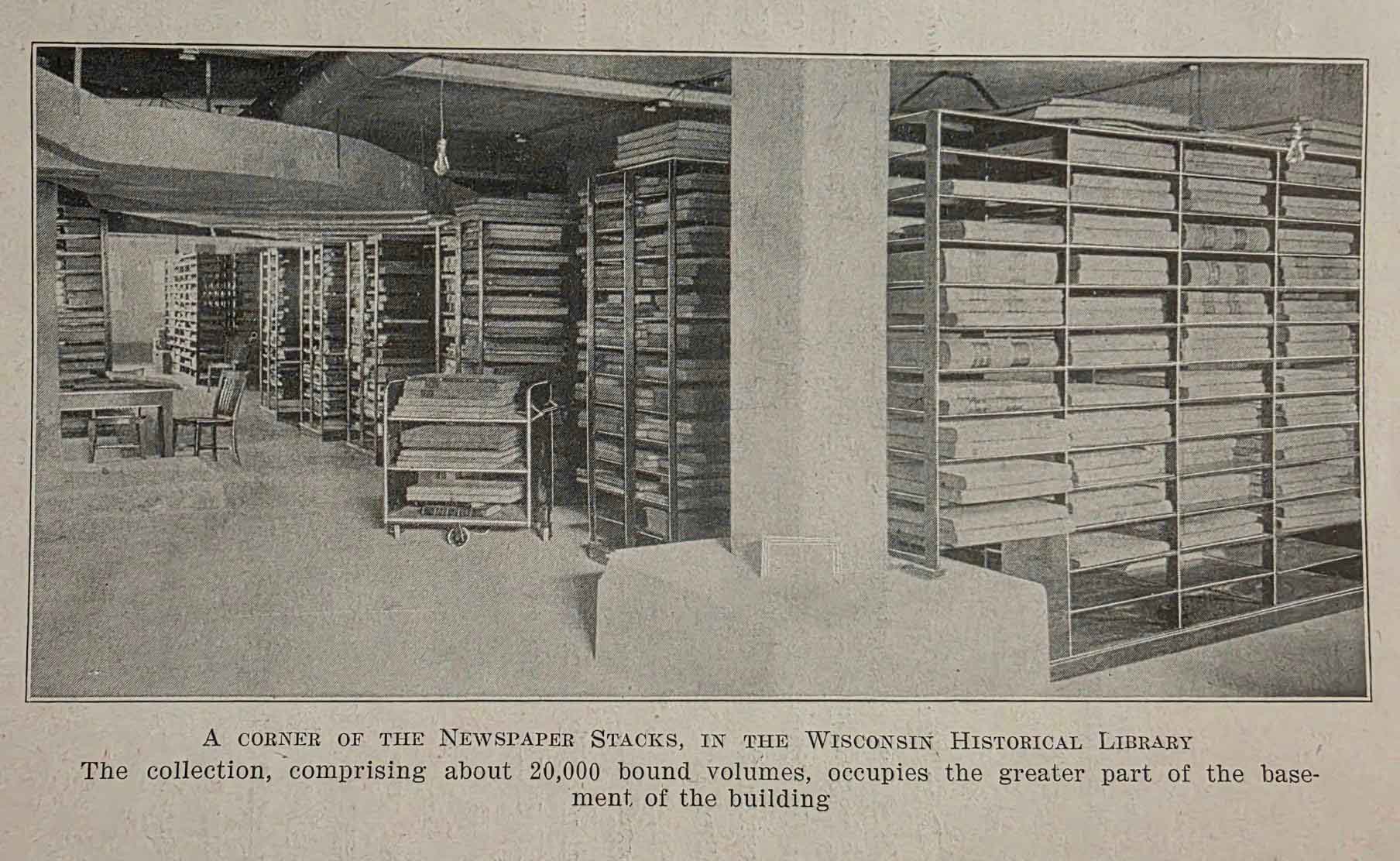 Corner of the newspaper stacks in the Wisconsin Historical Society Library