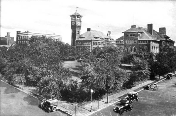 Elevated view of buildings on the Stout Institute campus (now the University of Wisconsin-Stout)