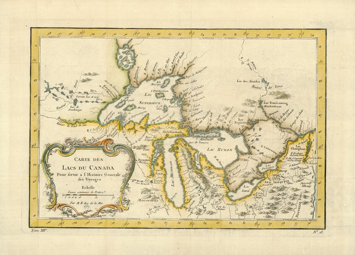 This is a map that shows all of the Great Lakes in the same form as found in Bellin's earlier map by the same name. This map is different in its coloring, larger scale, and lack of detail.