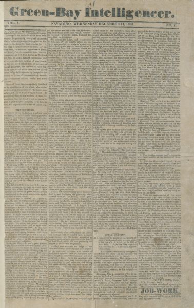 Wisconsin's first newspaper, The Green-Bay Intelligencer, dated Dec. 11, 1833.