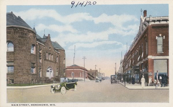View down Main Street. Caption reads "Main Street, Menomonie, Wis."