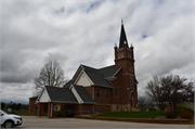 126 Peterson Ave, a Late Gothic Revival house of worship, built in Blair, Wisconsin in 1907.