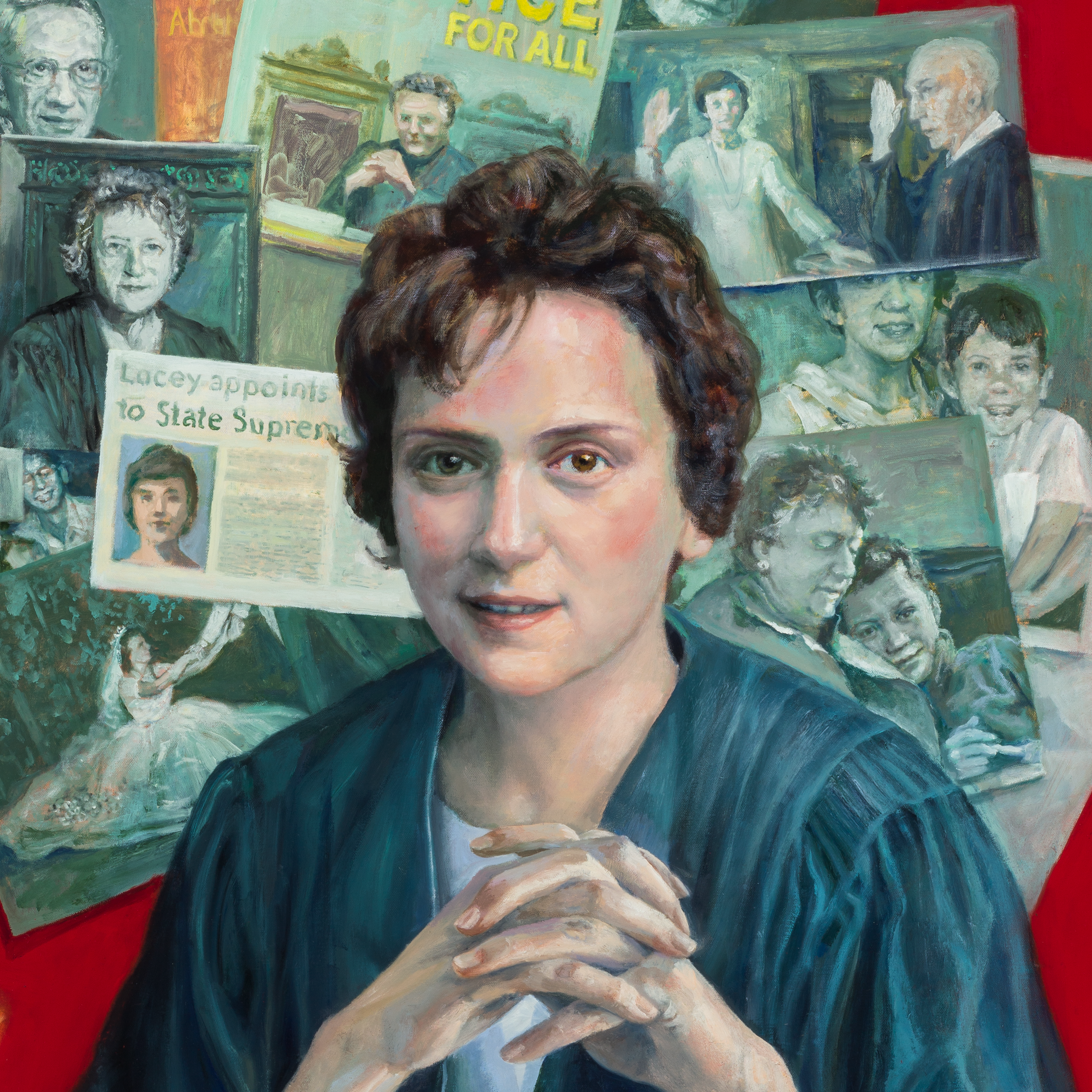 A portrait of Shirley Abrahmson, she's  sitting with her hands clapsed in front of her, brown hair short, and behind her haloing her are pictures, posters, newspapers.
