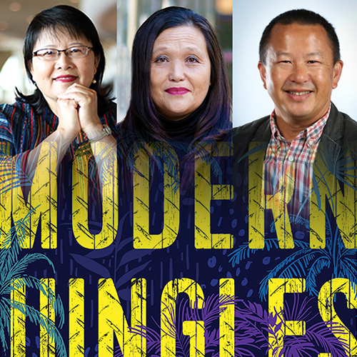 Modern Jungles: A Hmong Refugees Childhood Story of Survival 3 Panelists: Mai Zong, Chia Vang, and the author Pao Lor featured above a slightly faded image of the cover of Modern Jungles: A Hmong Refugees childhood story of survival.