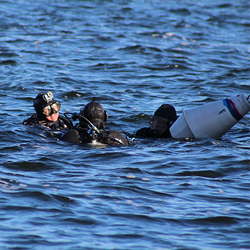 Divers float in the water of Lake Mendota