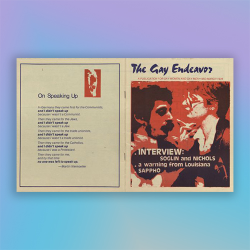 Cover and back page of 'The Gay Endeavor,' a publication for gay women and gay men. Includes an image of Paul Soglin and Nichols who were interviewed for the issue.