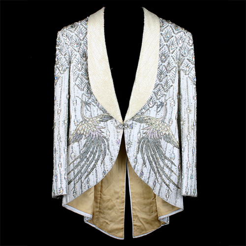 An elaborately beaded jacket worn by pianist, performer, and Wisconsin native Liberace during his performances in the late 1970s.