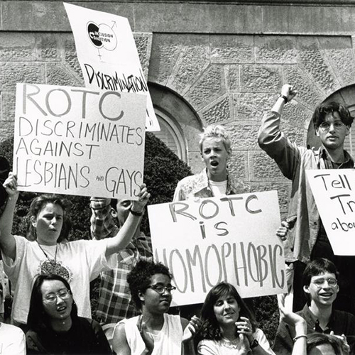 The UW-Madison Library Resource Image of a group in front of the ROTC building protest, due to discrimination.