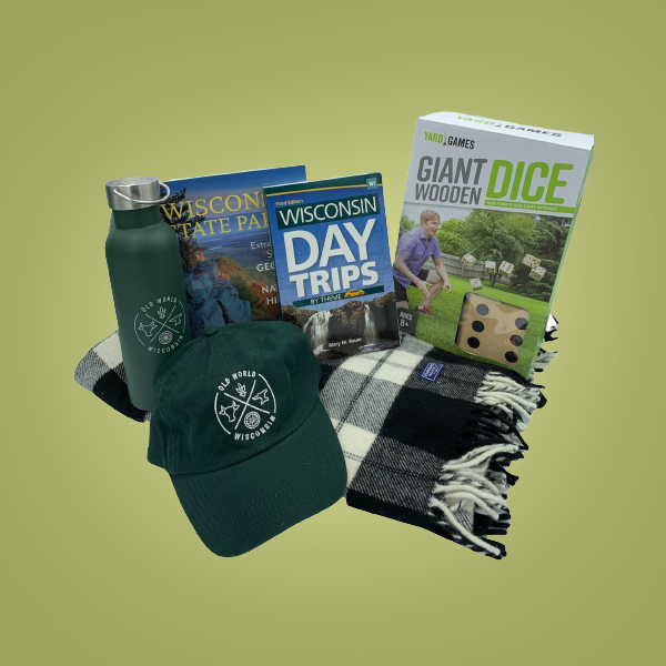 Prize Pack 1 for Member Month 2022. Black and white checkered wool blanket, Wisconsin Day Trips Guide book, Wisconsin State Parks book, Old World Wisconsin Hat and water bottle, and a Giant Wooden Dice outdoor field game.