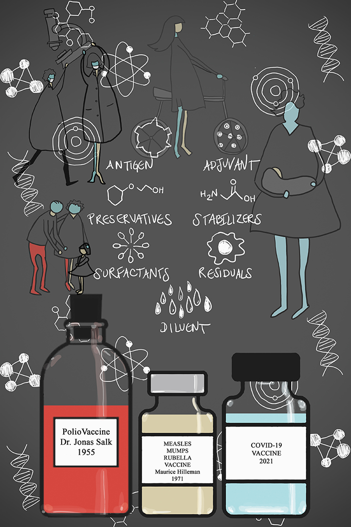 Depicted on a chalkboard like background, line figures of parents, children, and scientists though static are filled with movement. The Middle ground infront of the figures is populated by a variety of chemical symbols. In the fore ground are 3 bottles, one red, one mustard colored, one blue. They depict the progression of vaccination from the Polio Vaccine (invented by Dr. Jonas Salk, 1955), to Measles, Mumps, Rubella Vaccine (Maurice Hilleman, 1977), and finally Covid-19 Vaccine (2021).