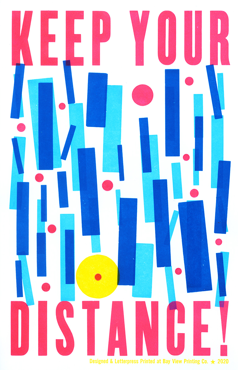 Ashley Town's Keep Your Distance Poster, depicting bright blue and pink blocks that are inentionally spaced and the words Keep Your Distance