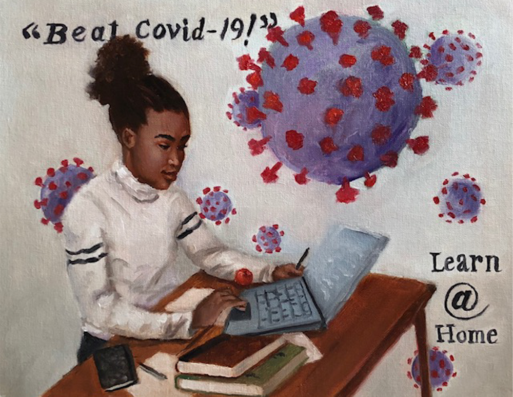 Jerry Jordan's Learn At Home Poster featuring a young black girl at a table full of books and computer looking engaged in her studies