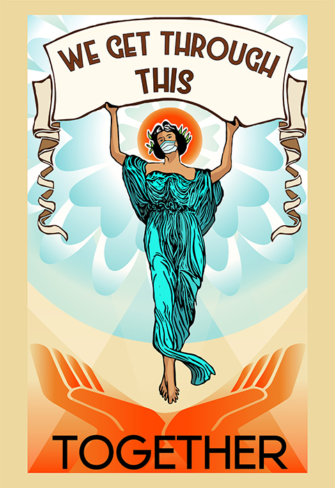 Roberto Torres Mata's We Get Through This Together Poster, depicting a figure reminiscent of the Virgin of Guadalupe wearing a mask