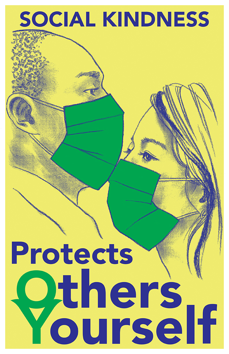 Yeonhee Cheong's Social Kindness Poster, depicting two people wearing masks facing each other with the words Social Kindness Protects Others & Yourself