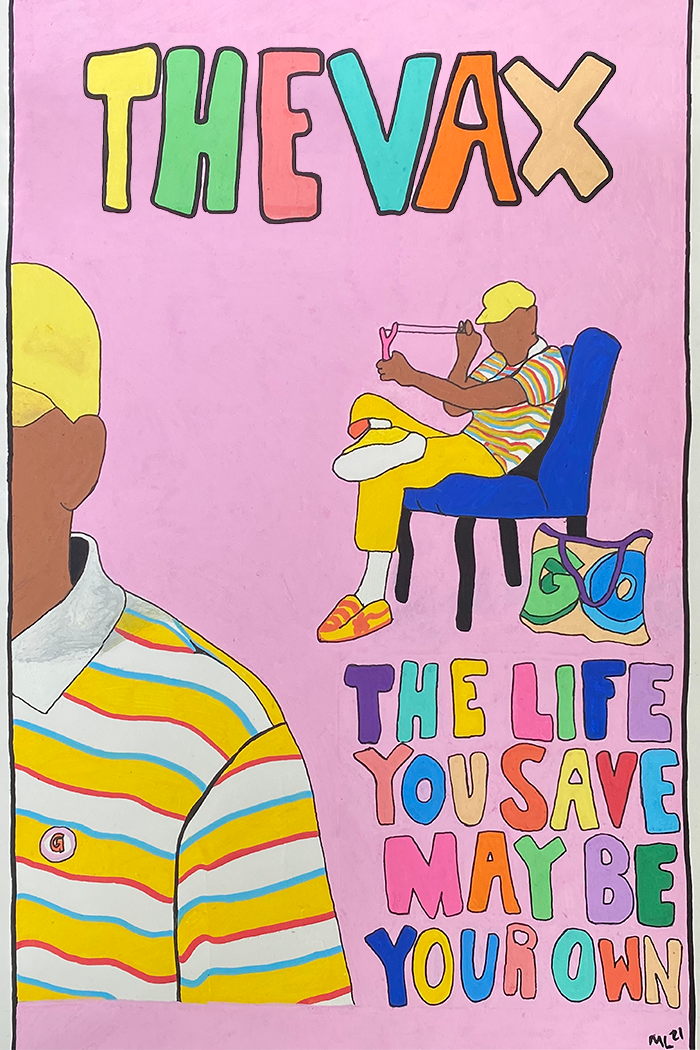 Two figures are featured in this portrait, both are dressed the same, yellow baseball cap and striped polos. One is half off the poster edge, the other sits in a chair playing with rubber ball attached to a ping pong paddle. 'The Vax' is listed large at the top of the poster, and below 'The life you save may be your own'