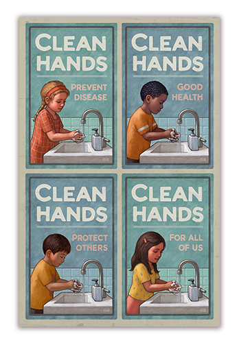 Renee Graef's Clean Hands Poster, depicting four ethnically diverse children all washing their hands.