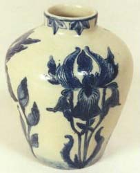 Art pottery vase, stoneware, wth blue iris design.
