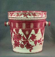 Slop jar, ceramic, white, red floral and trellis design, gilt trim.