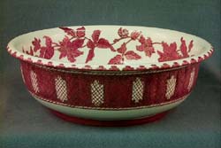Decorated Wash Basin, ceramic, white, red floral and trellis design, gilt trim.