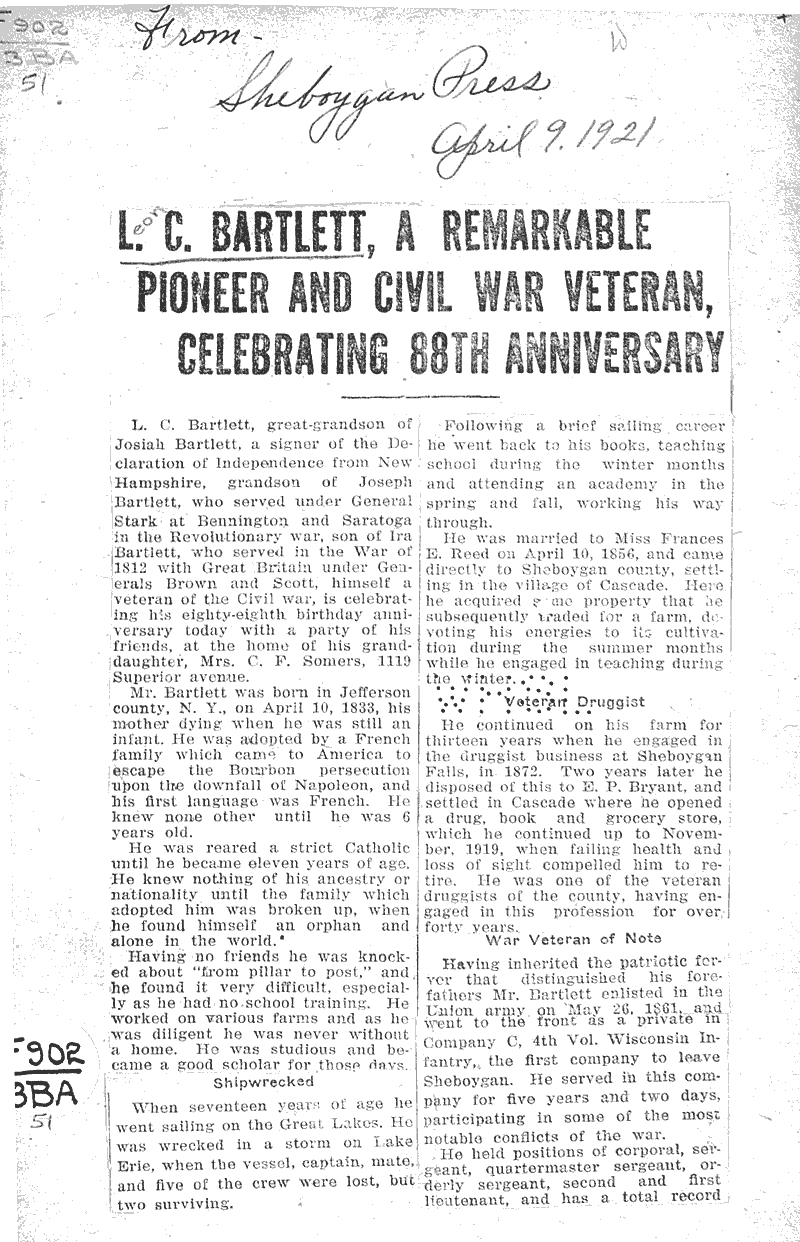  Source: Sheboygan Press Topics: Civil War Date: 1921-04-09