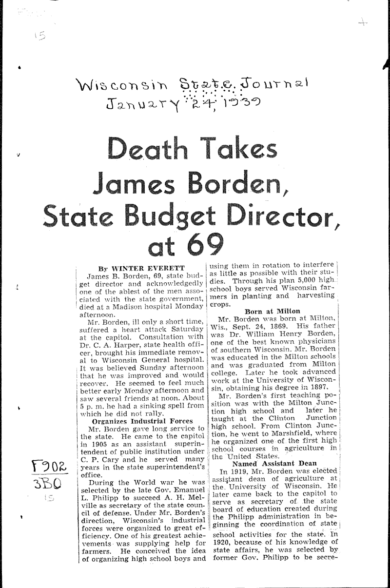  Source: Wisconsin State Journal Topics: Government and Politics Date: 1939-01-24