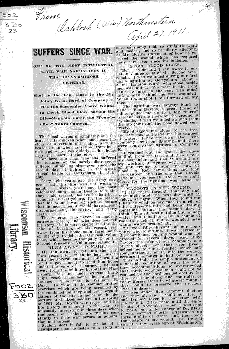  Source: Oshkosh Northwestern Topics: Civil War Date: 1911-04-27