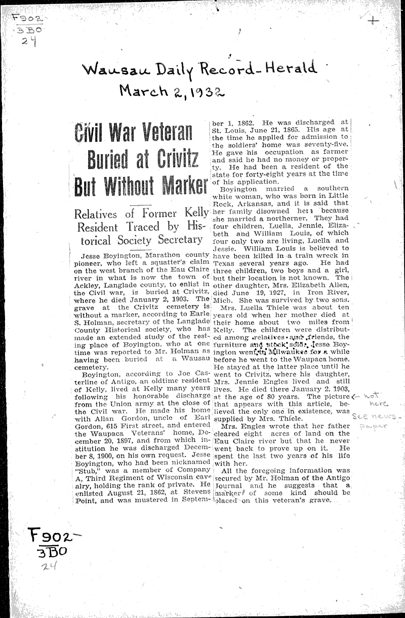  Source: Wausau Daily Record-Herald Topics: Civil War Date: 1932-03-02