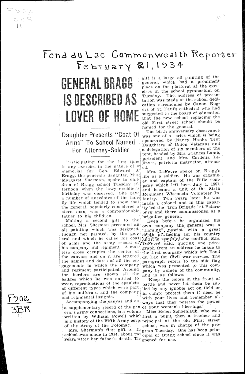  Source: Fond du Lac Commonwealth-Reporter Topics: Civil War Date: 1934-02-21