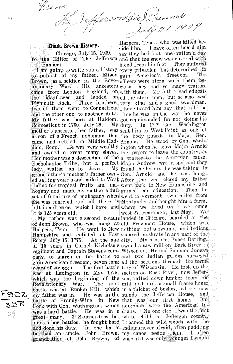 Eliada Brown history Source: Jefferson Banner Topics: Immigrants Date: 1909-07-21