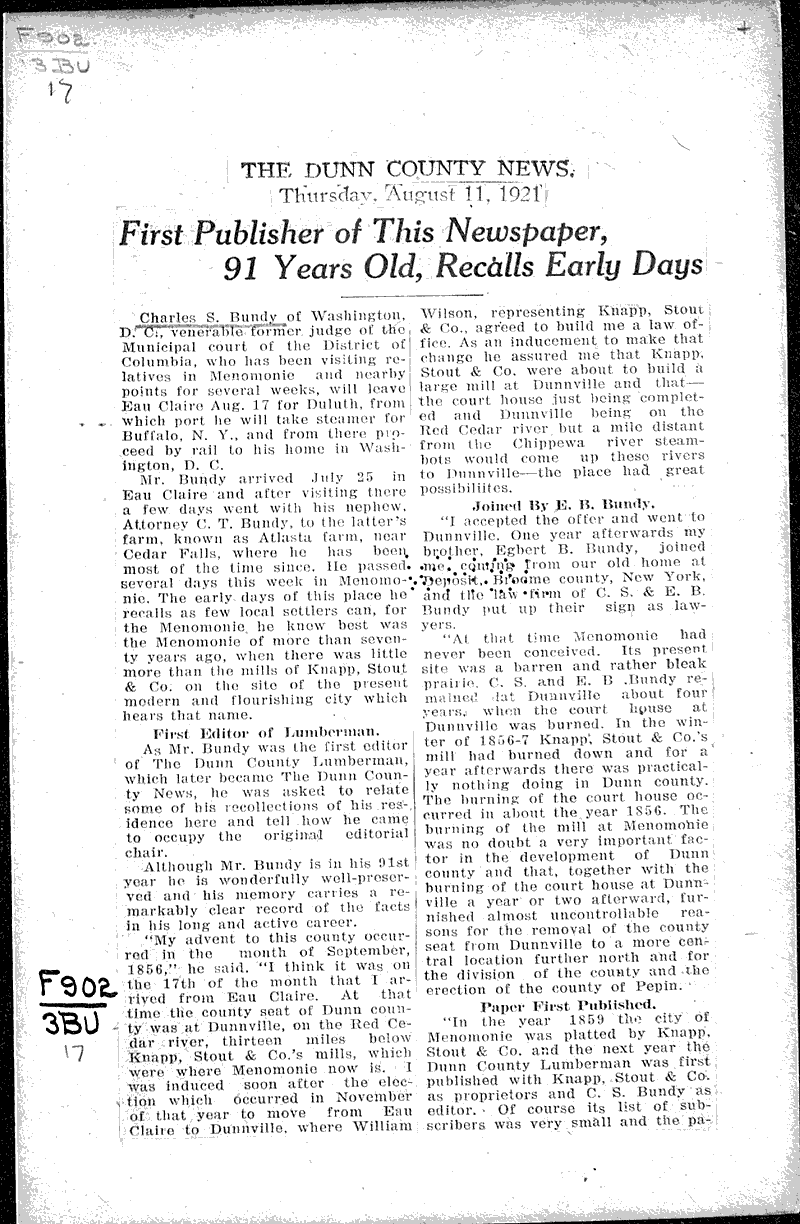  Source: Dunn County News Date: 1921-08-11