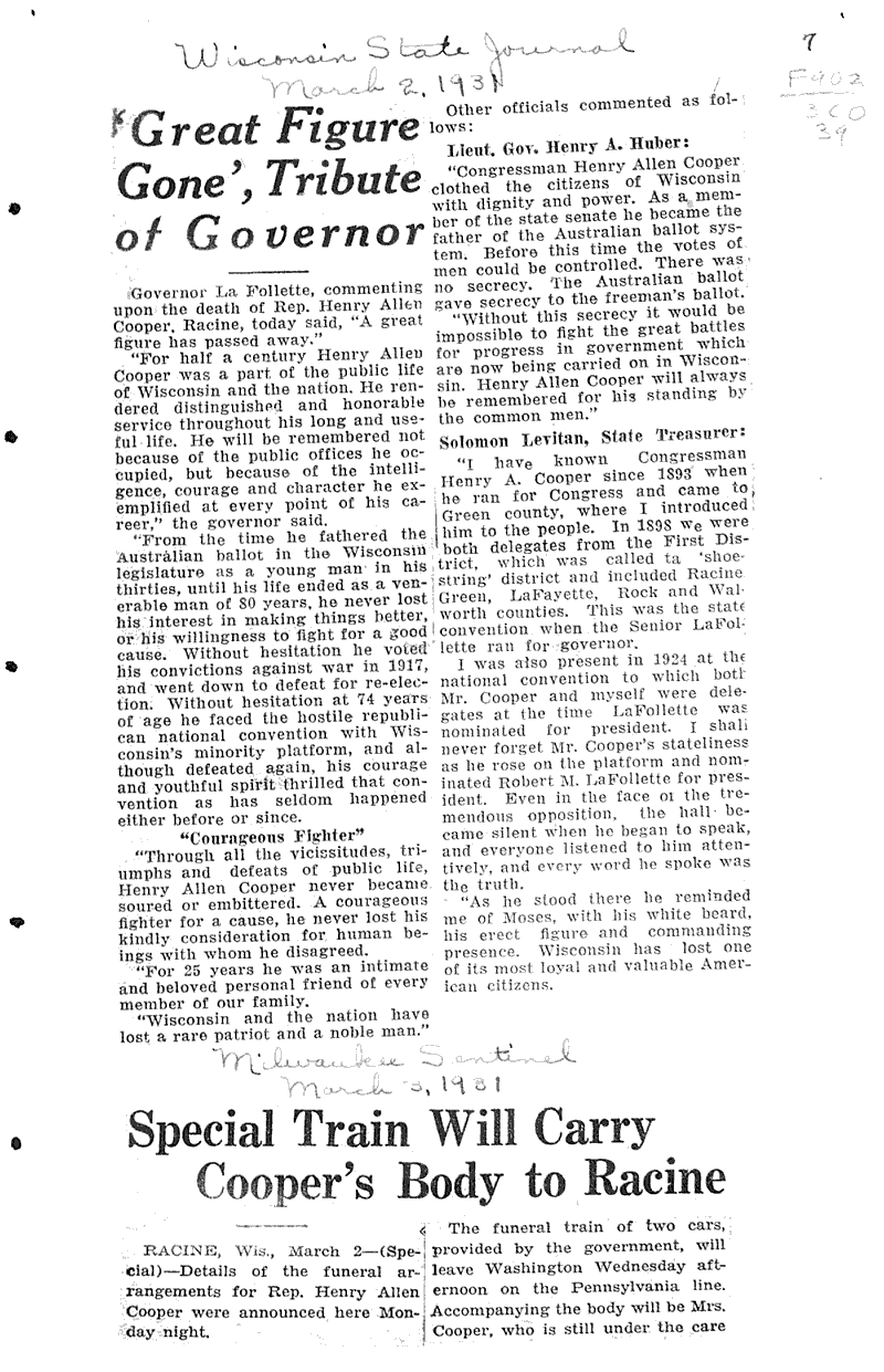  Source: Milwaukee Sentinel Topics: Government and Politics Date: 1931-03-02