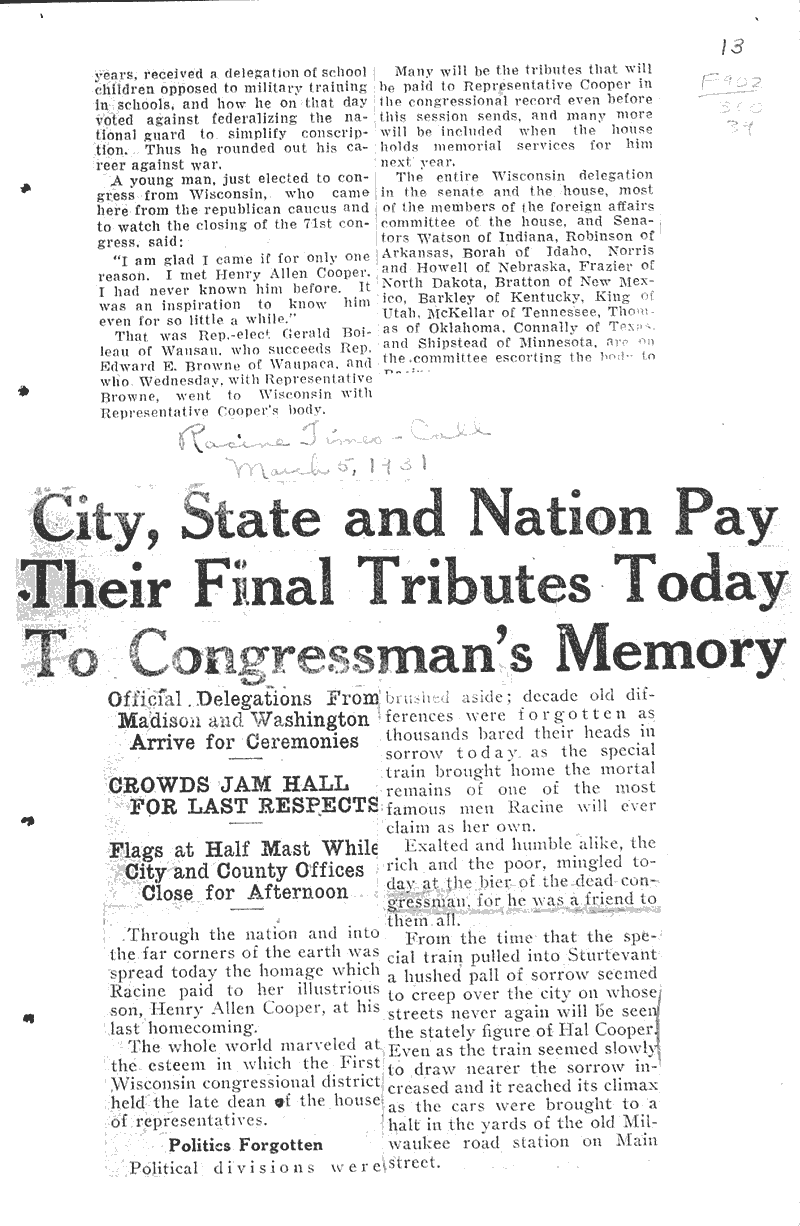  Source: Racine Times Call Topics: Government and Politics Date: 1931-03-05