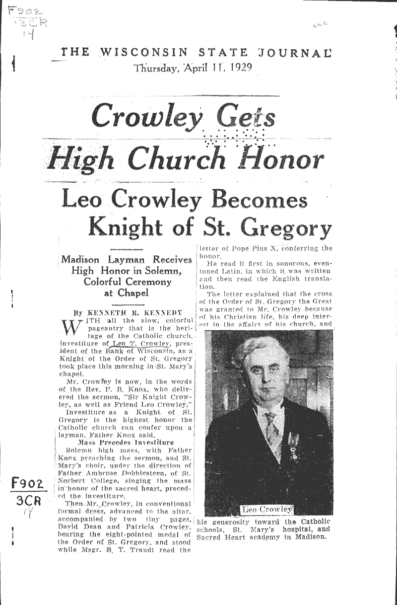  Source: Wisconsin State Journal Topics: Church History Date: 1929-04-11