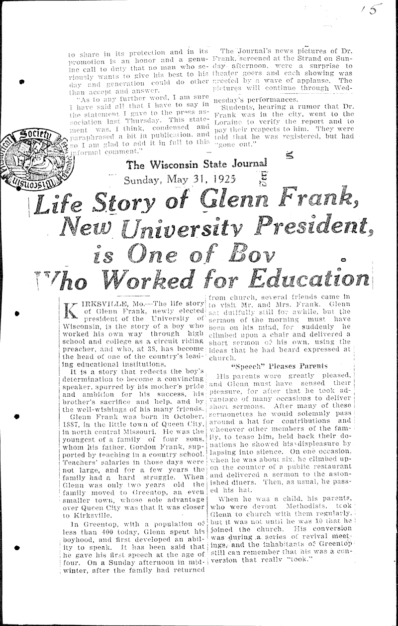  Source: Wisconsin State Journal Topics: Education Date: 1925-05-13