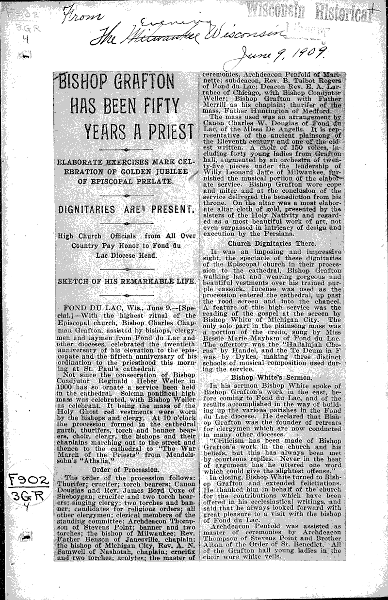 Bishop Grafton has been fifty years a priest Source: Evening Wisconsin Topics: Church History Date: 1909-06-09