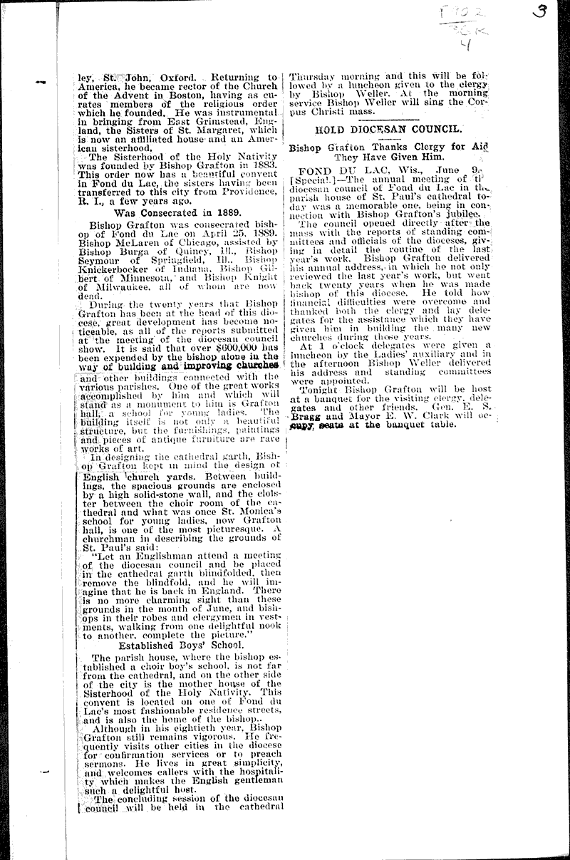 Bishop Grafton has been fifty years a priest Source: Evening Wisconsin Topics: Church History Date: 1909-06-09