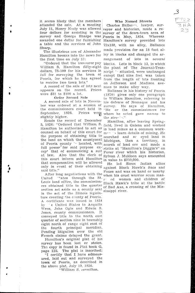 Alexander Hamilton's son surveyed Peoria, platted its streets Source: Peoria Journal - Transcript Topics: Transportation Date: 1933-04-02