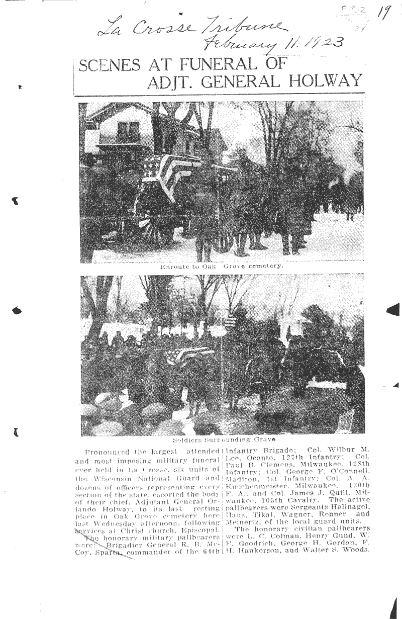 Scenes at funeral of Adjt. General Holway Source: LaCrosse Tribune Date: 1923-02-11