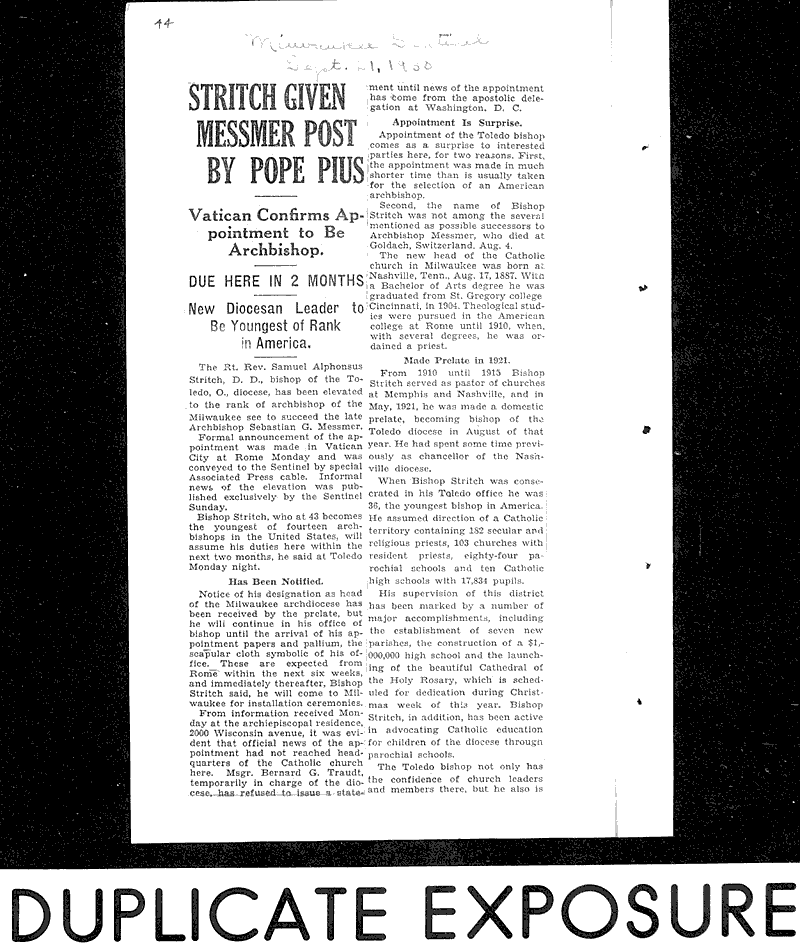  Source: Milwaukee Sentinel Topics: Church History Date: 1930-09-21