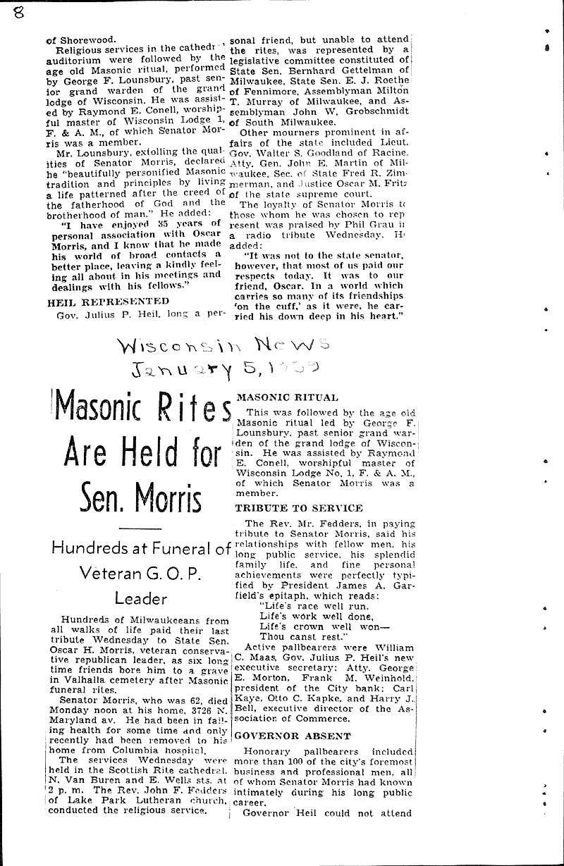 Masonic rites are held for Sen. Morris Source: Wisconsin News Date: 1939-01-05
