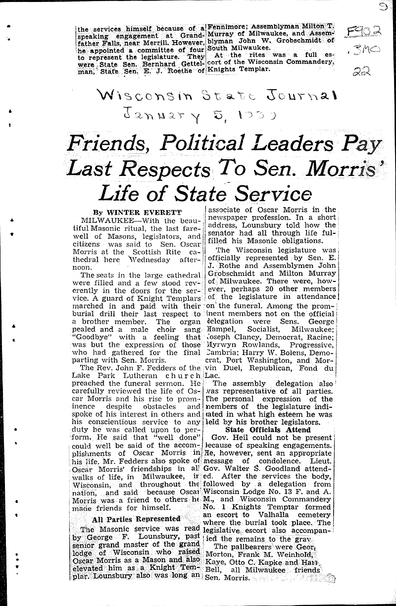 Masonic rites are held for Sen. Morris Source: Wisconsin News Date: 1939-01-05