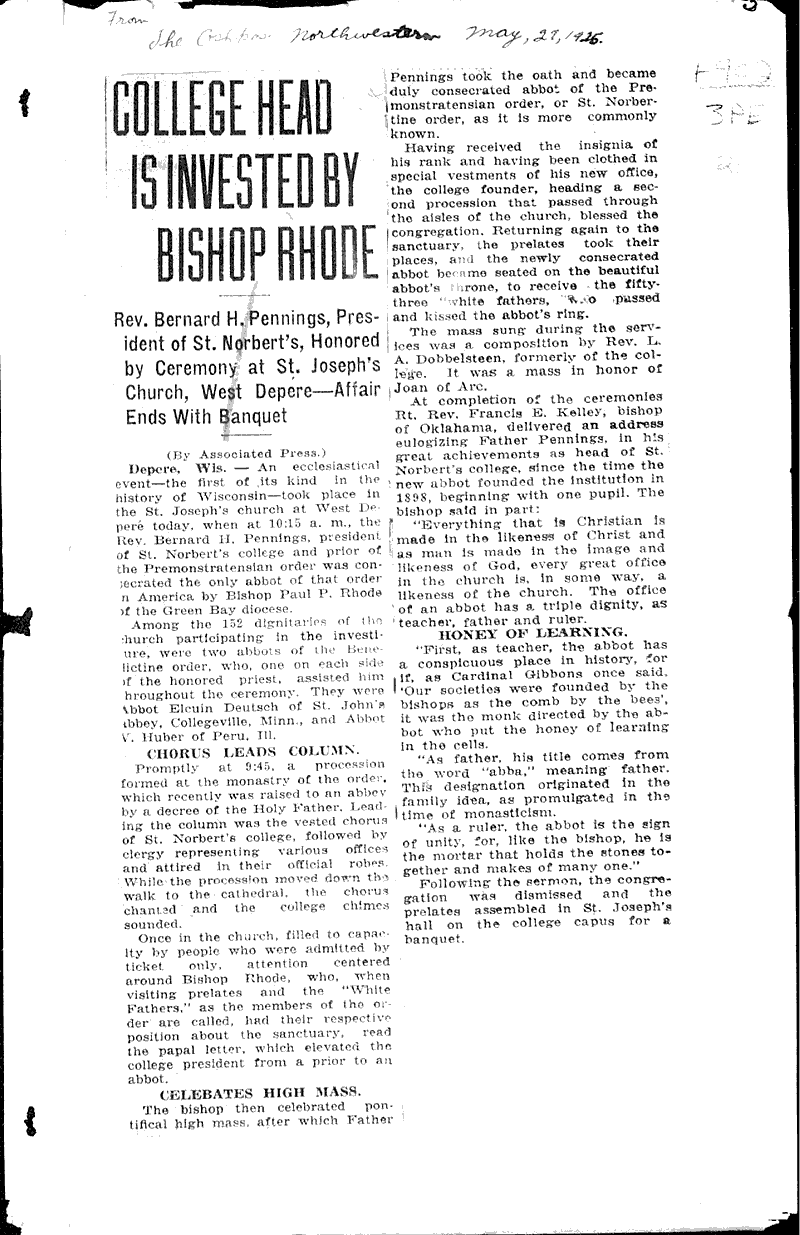  Source: Green Bay Gazette Topics: Church History Date: 1925-05-27