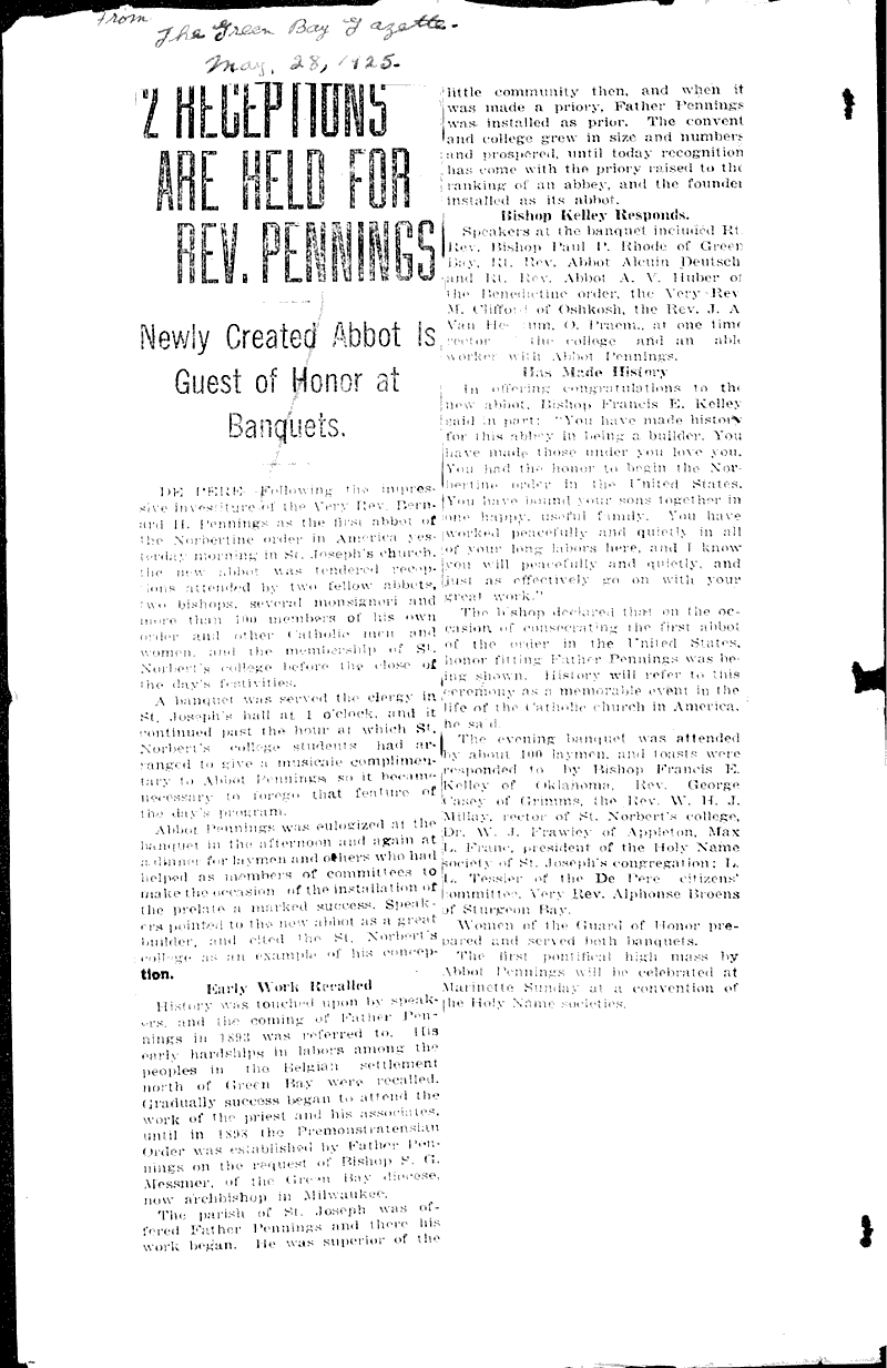  Source: Green Bay Gazette Topics: Church History Date: 1925-05-27