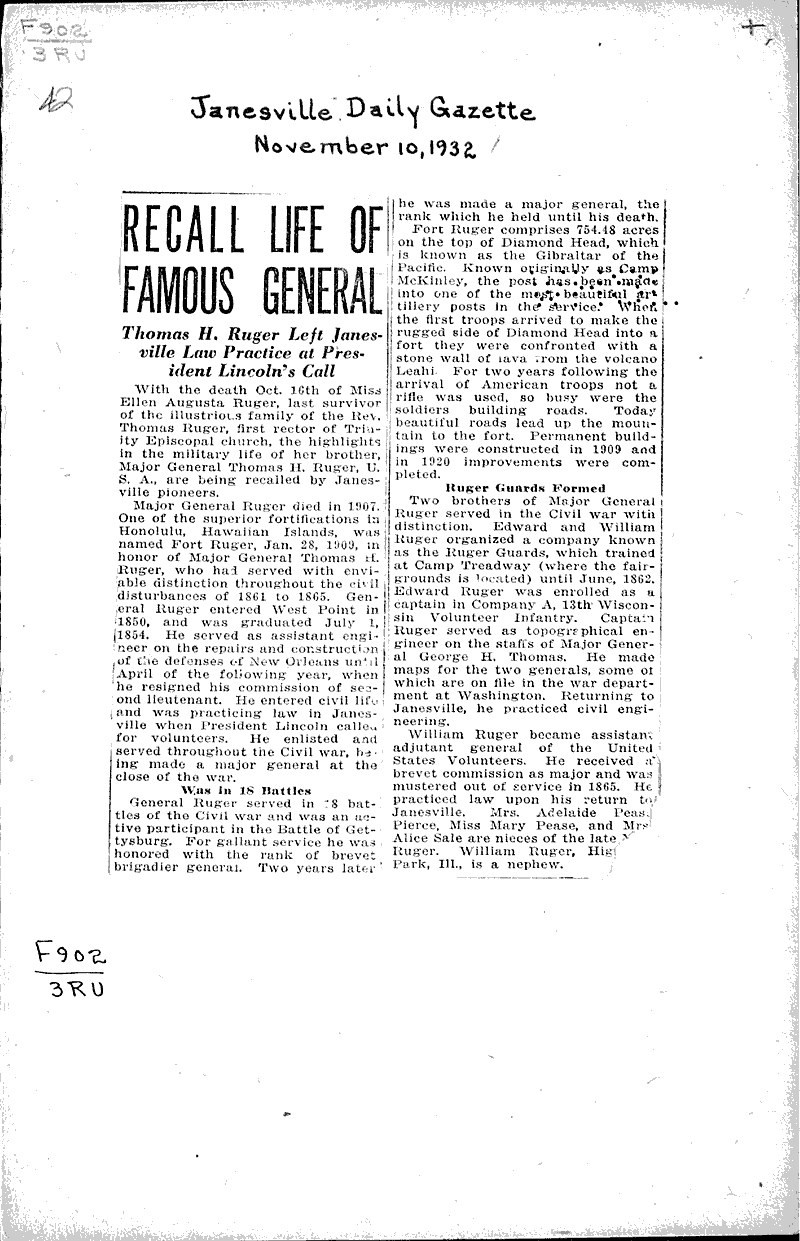 Recall life of famous general Source: Janesville Daily Gazette Topics: Civil War Date: 1932-11-10